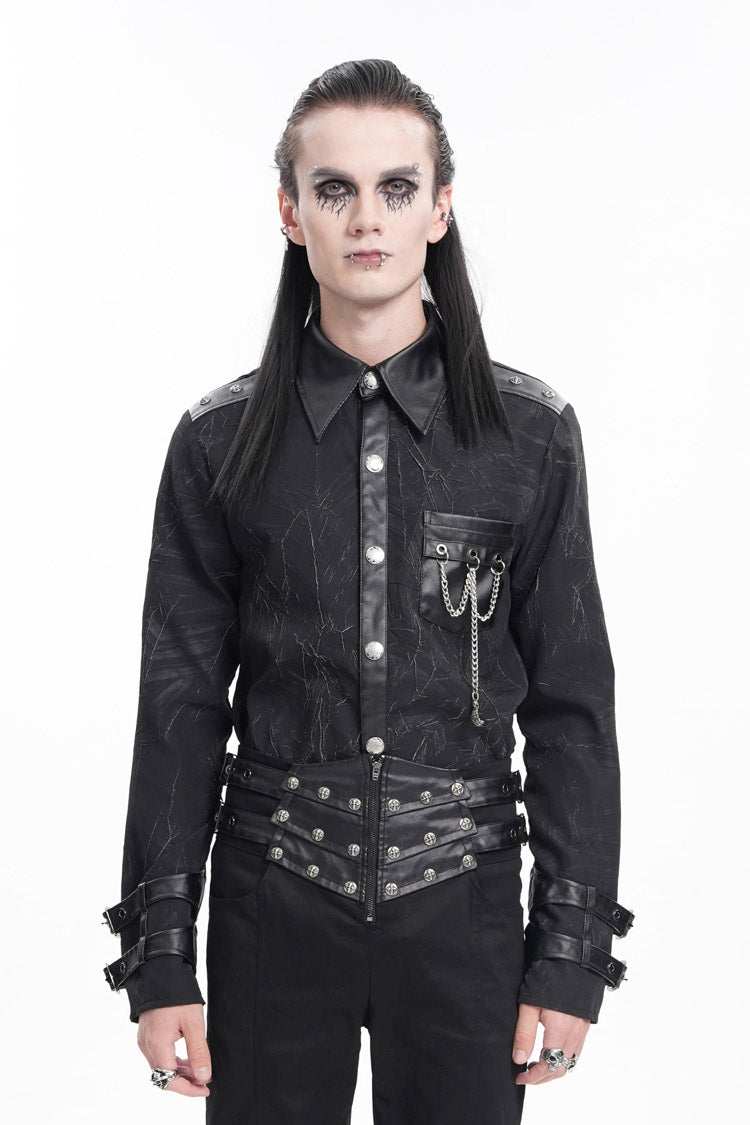 Black Lapel Collar Long Sleeves Buckle Chain Men's Gothic Blouse