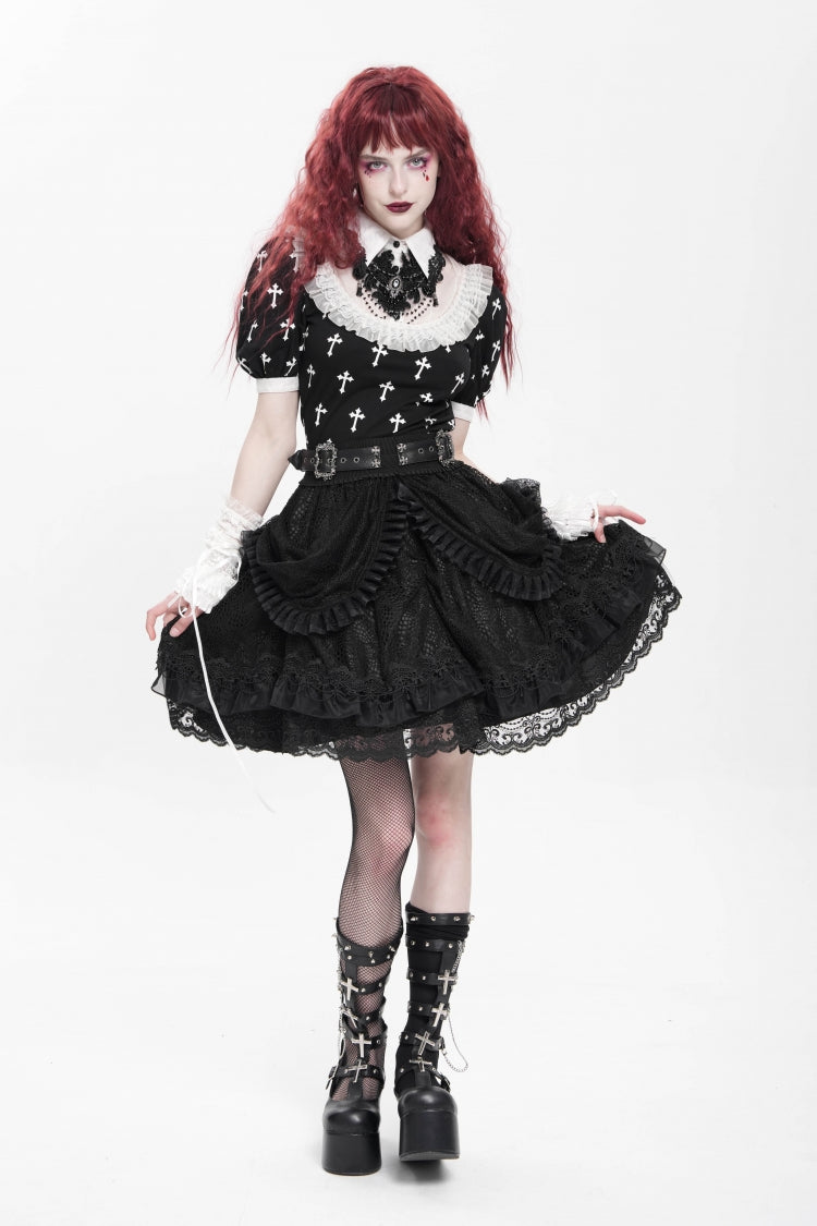 Black Multi-Layered Ruffle Buckle Straps Women's Gothic Skirt
