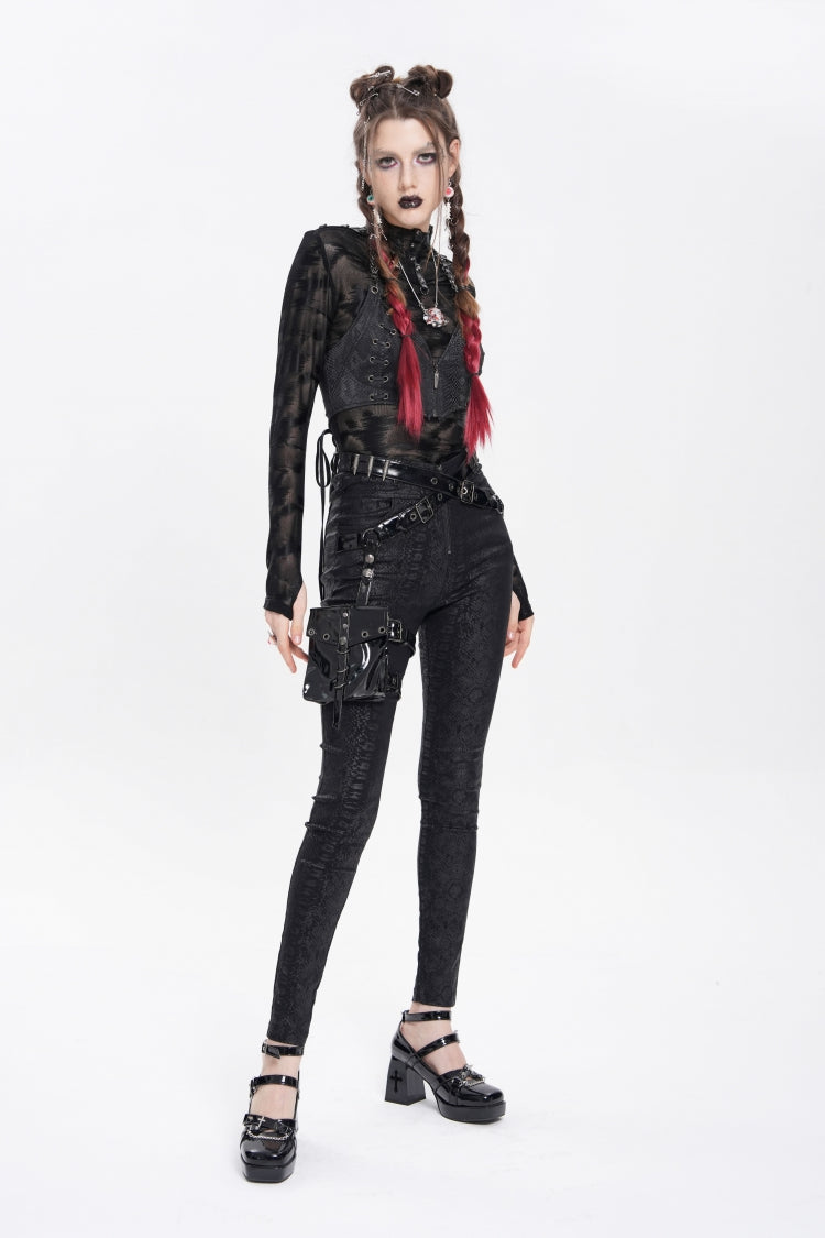 Black Print Buckle Straps Women's Punk Pants with Leg Bag