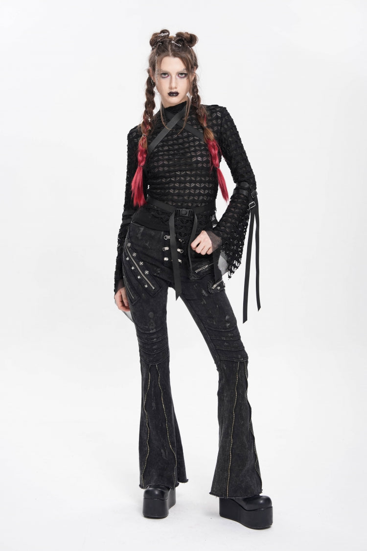 Black Zipper Pleated Women's Punk Flared Pants