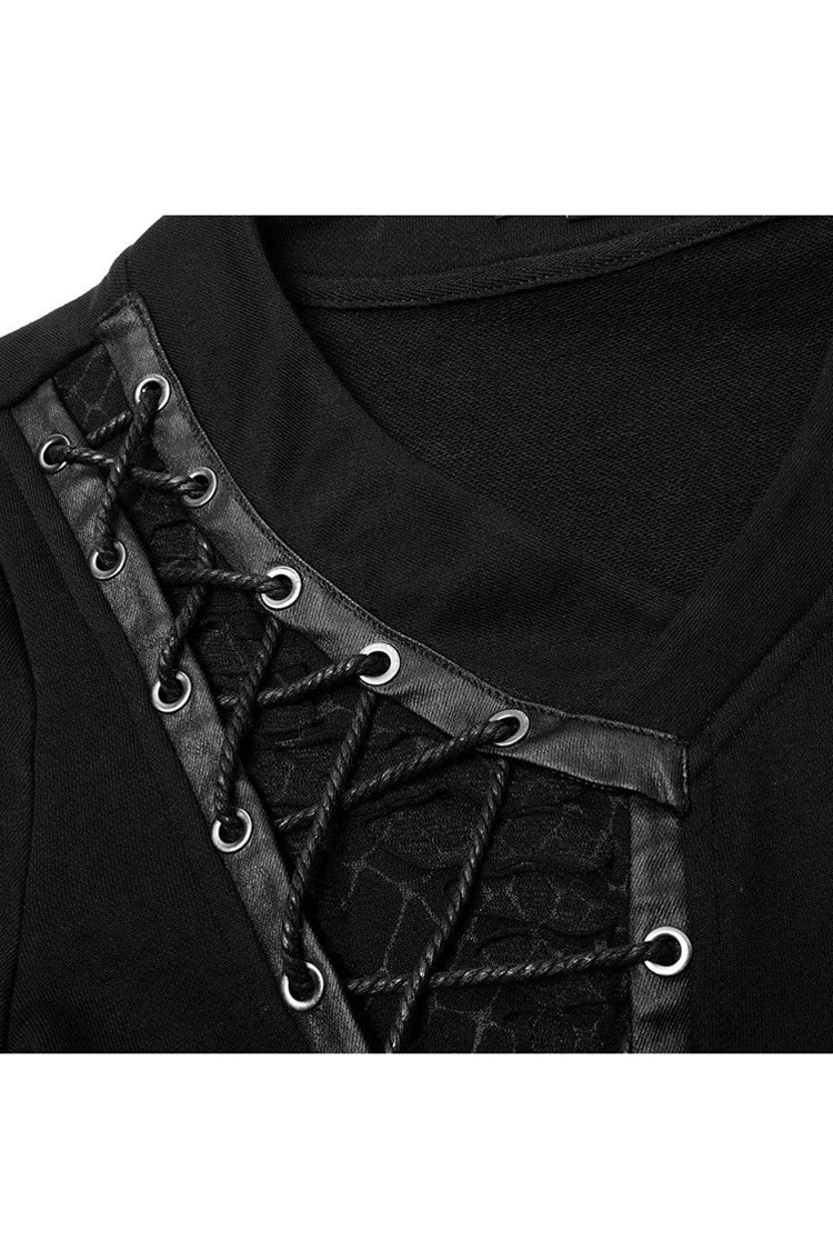 Black Long Sleeve Knit Front Splice Imitation Leather Lace Up Men's Punk T-Shirt