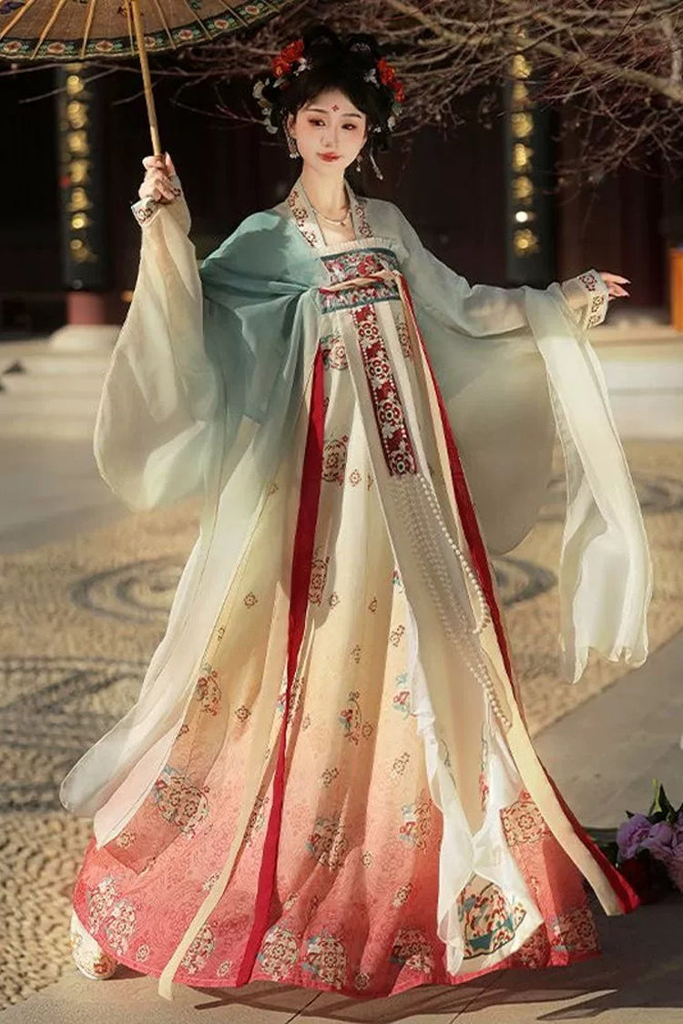 Blue/Pink High Waisted Print Embroidery Women's Classic Hanfu Dress Full Set
