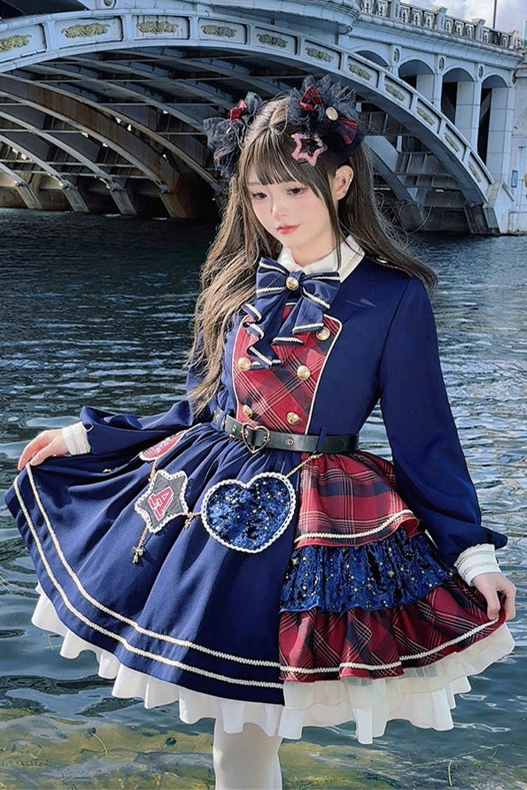 レッド/ダークブルー [スターライトアカデミースタイル] 長袖プリントフリルスプライシング非対称フェイクツーピーススイートロリータドレス