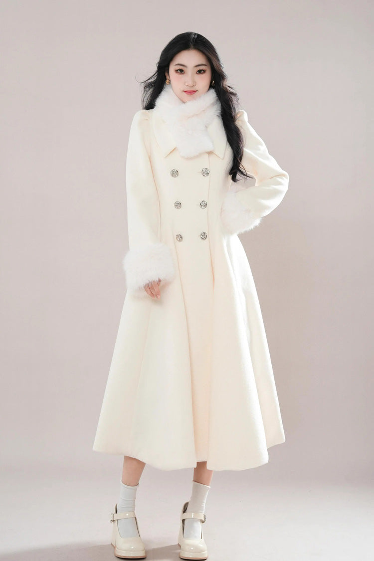 Beige Double-breasted Long Sleeves Removable Fur Collar Sweet Elegant Princess Lolita Coat