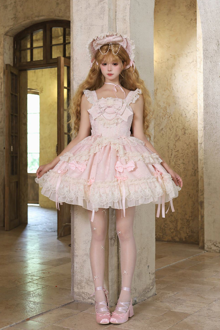 Pink [Blossoming Heart Love ] Sleeveless Dark Jacquard Print Bowknot Lace Sweet Lolita Jsk Dress