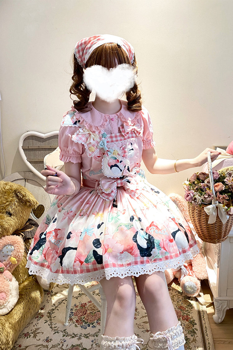 Panda Peach Print Bowknot Sweet Lolita Strap Dress 3 Colors