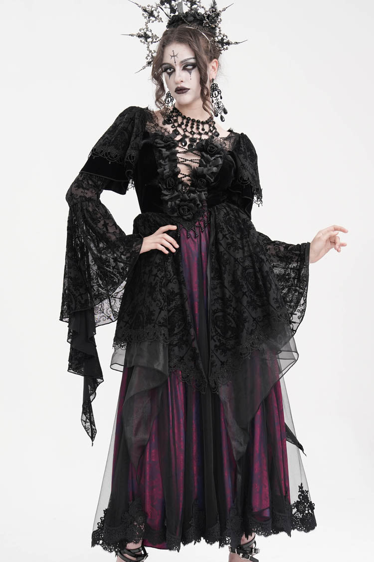 Schwarz/lila gehäkeltes langärmliges Hanayome-Spitzen-Gothic-Kleid für Damen