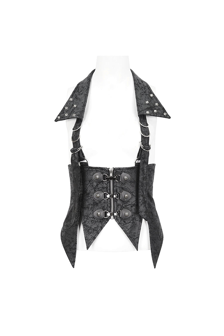 Black Irregular Lace Up Women's Gothic Vest With Detachable Collar