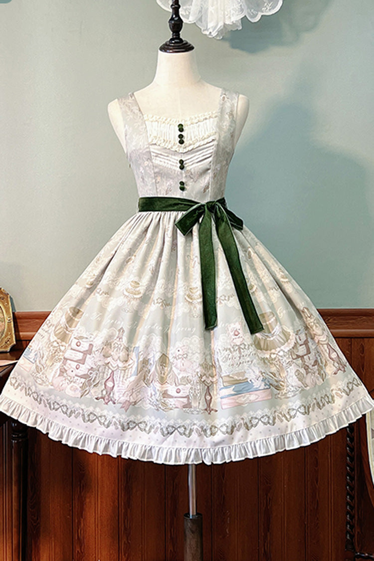 [Iris Study] V-Kragen Ärmellos Print Schleife Spitze Süßes Lolita Pullover Kleid 2 Farben