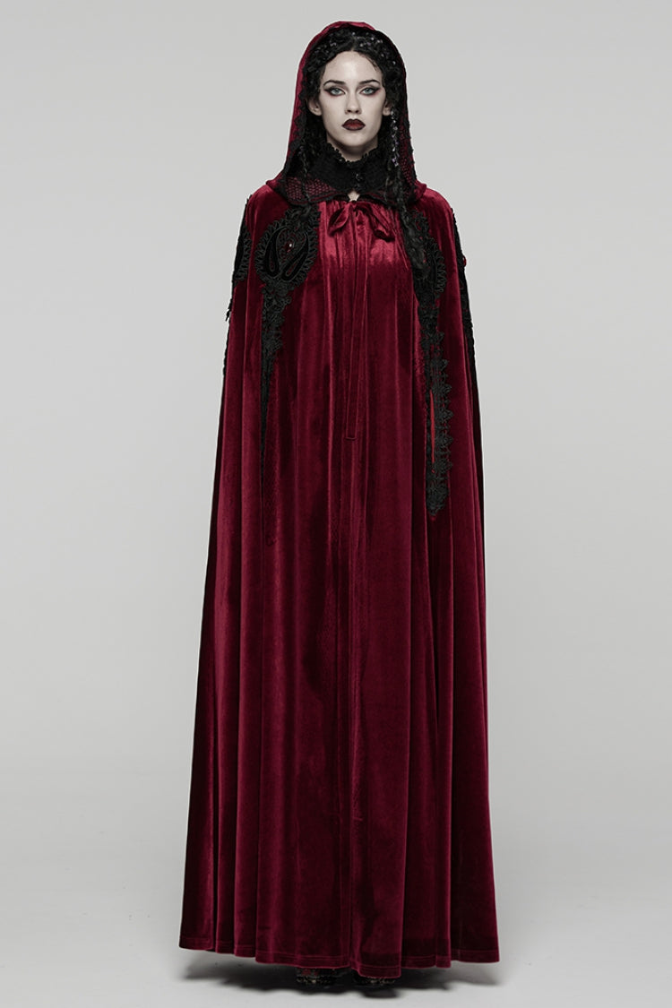 Roter Samtumhang mit floraler Stickerei und Diamanten für Frauen im Gothic-Stil 