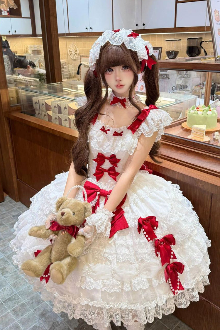 Robe blanche Lolita Jsk, col carré, manches flottantes, multicouches, Jacquard, Style mariage, nœud en dentelle, blanche, [Misty Starlight]