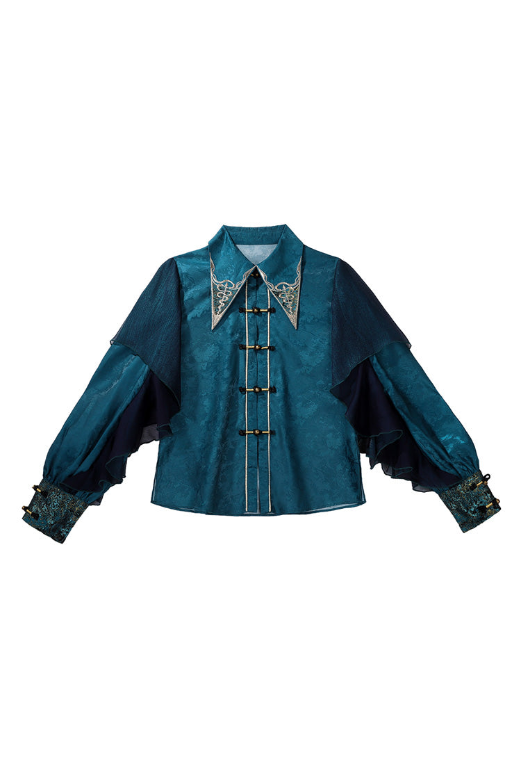 Schwarz/Grün Rundhals Langarm Rüschen Stickerei Chinesischer Stil Vintage Hübsches Ouji Lolita Set 