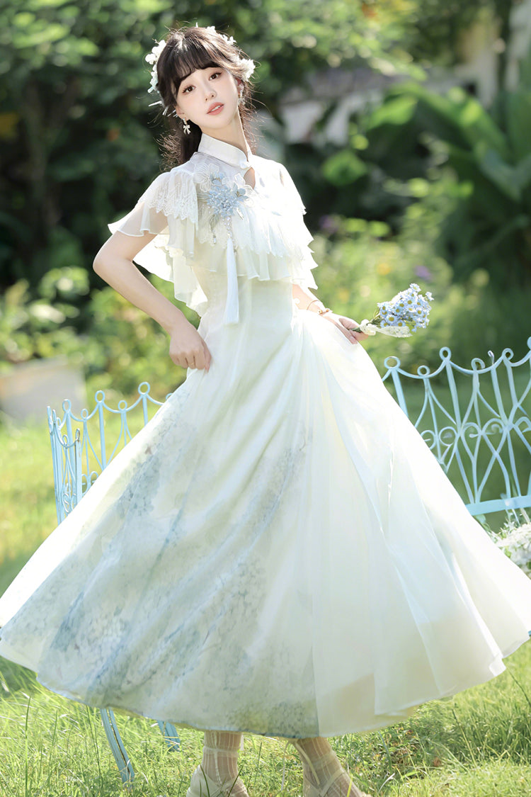 Robe Lolita élégante de style chinois doux avec manches courtes imprimées, volants en dentelle et message d'hortensia blanc 