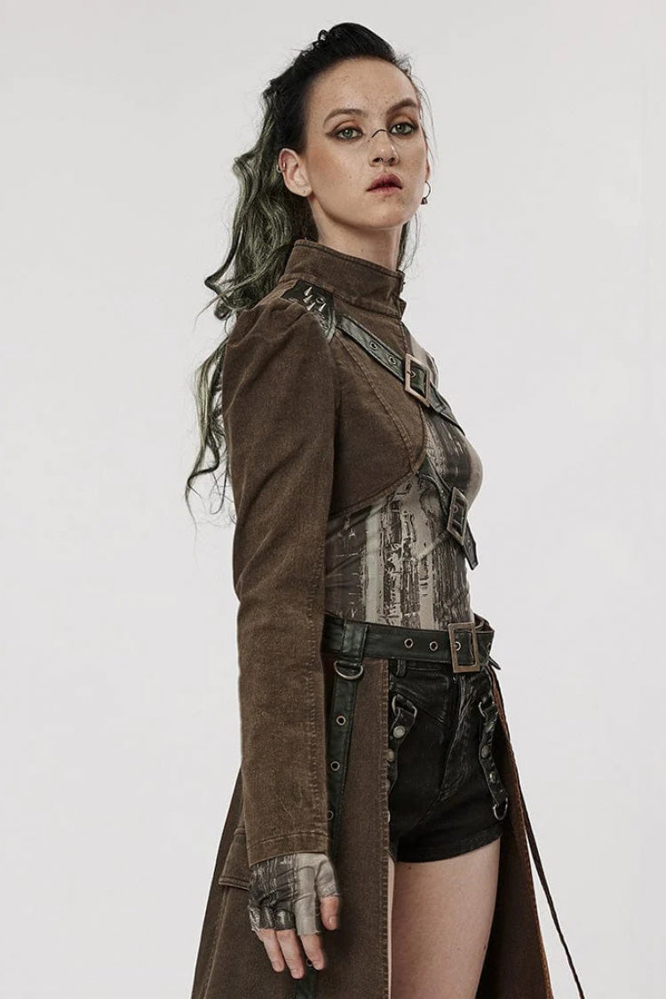 Damen Stehkragen Nietenschnalle Steampunk Einarmjacke 2 Farben