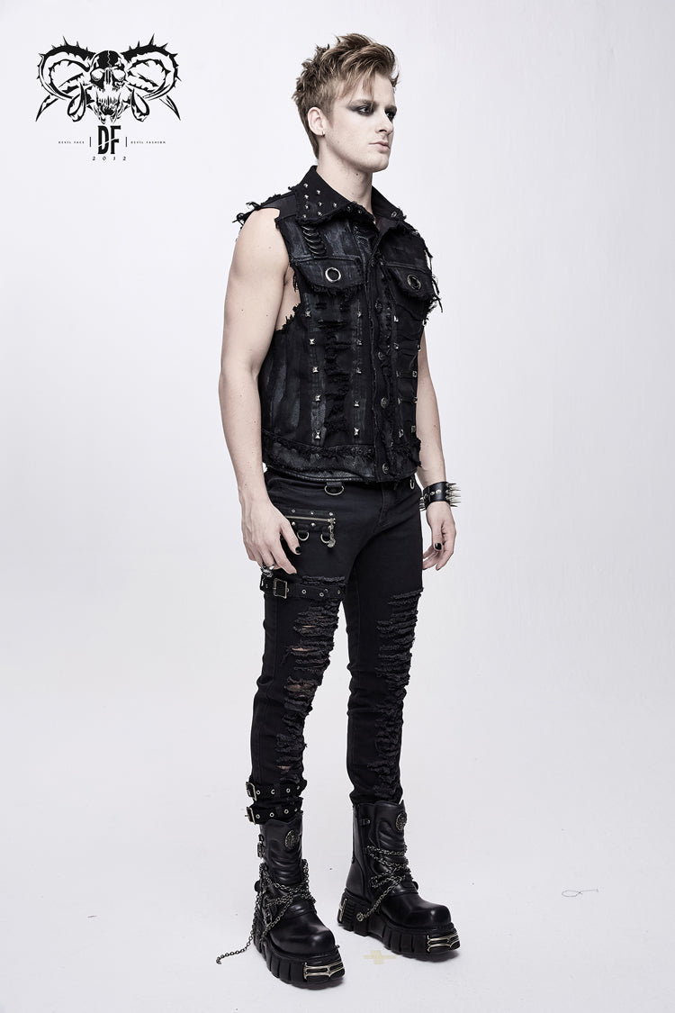 Black Heavy Metal Rivet Back Printed Coarse Twill Worn Out Men's Punk Waistcoat