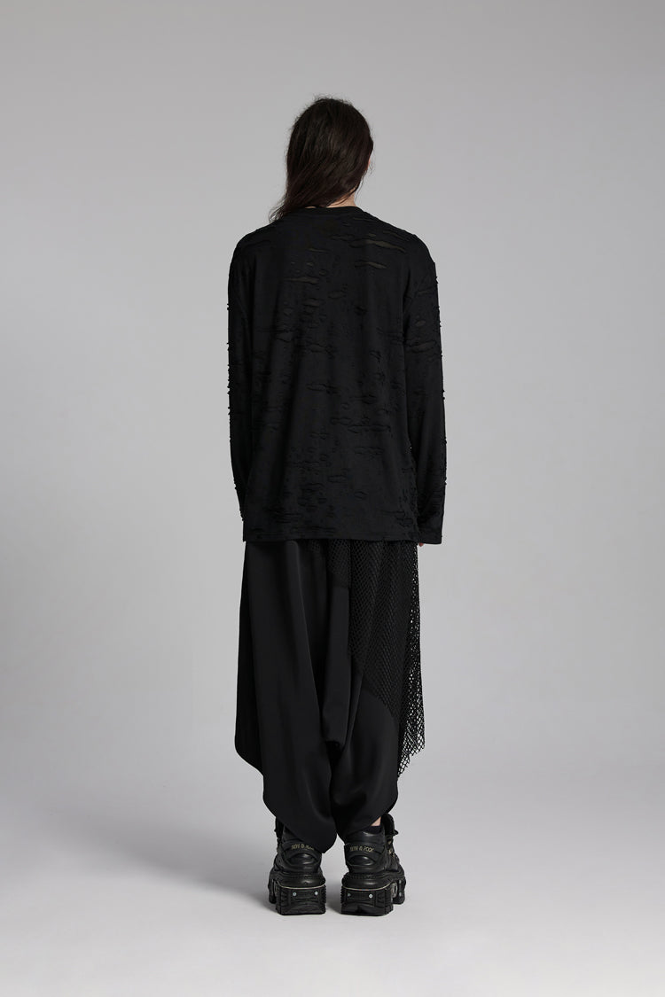 ブラック ラウンドカラー 長袖 破れメッシュ メンズ パンク Tシャツ