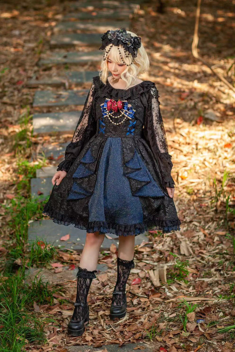 Black/Blue Ruffle Cardigan Bowknot Lace Classic Lolita Dress