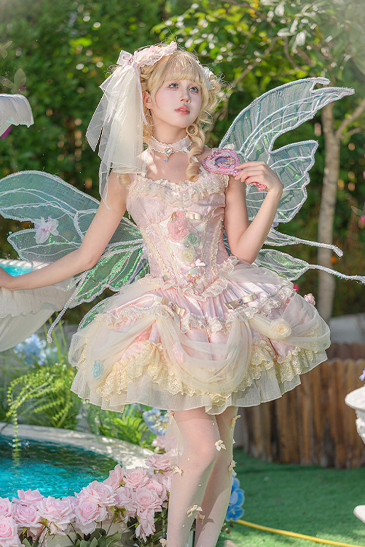 Pink [Dream Garden] Ruffle Hanayome Embroidery Bowknot Lace Fishbone Sweet Princess Gorgeous Lolita Jsk Dress