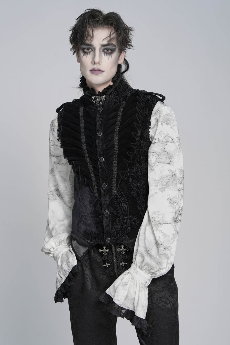 Black Stand Collar Sleeveless Jacquard Embroidered Buckled Pleated Men's Gothic Vest