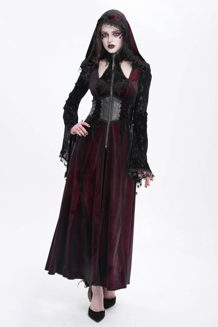Red Long Sleeves Hollow Embroidery Hooded Ripped Women's Gothic Dress Coat