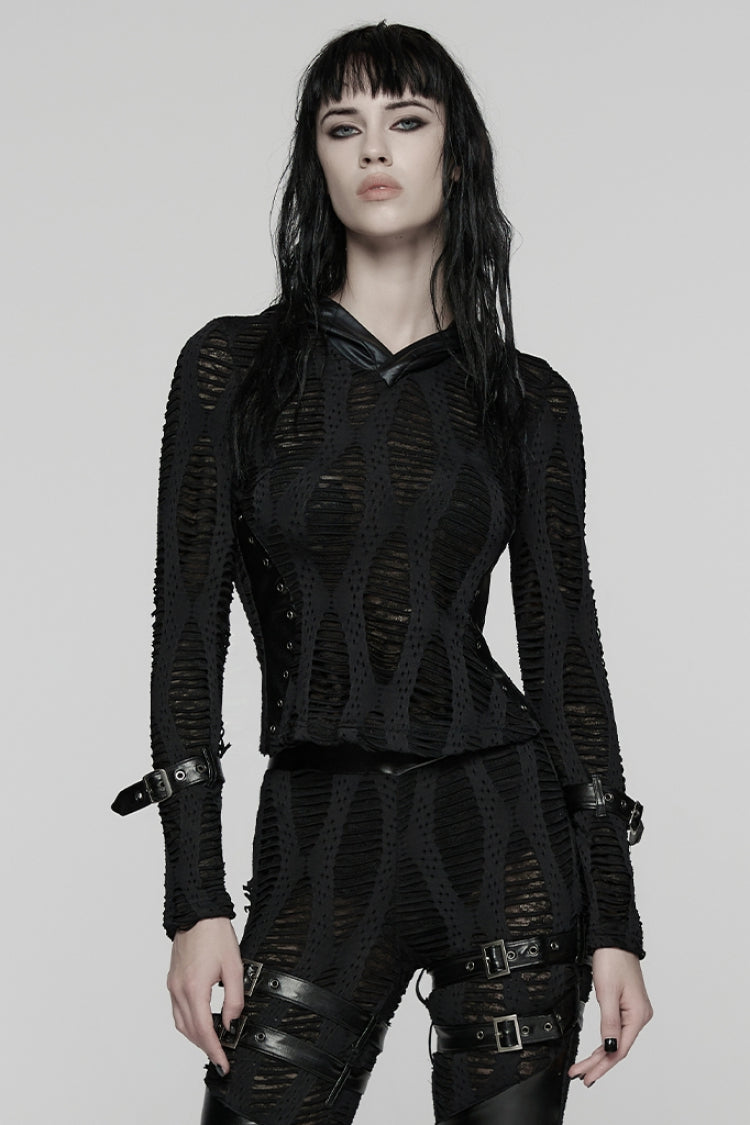 ブラック 長袖 フード付き リップド バックル ストラップ レディース パンク T シャツ