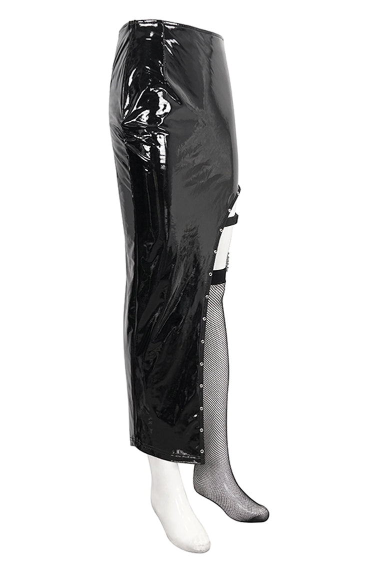 Black Irregular Patent Leather Women's Punk Skirt With Mesh Stocking