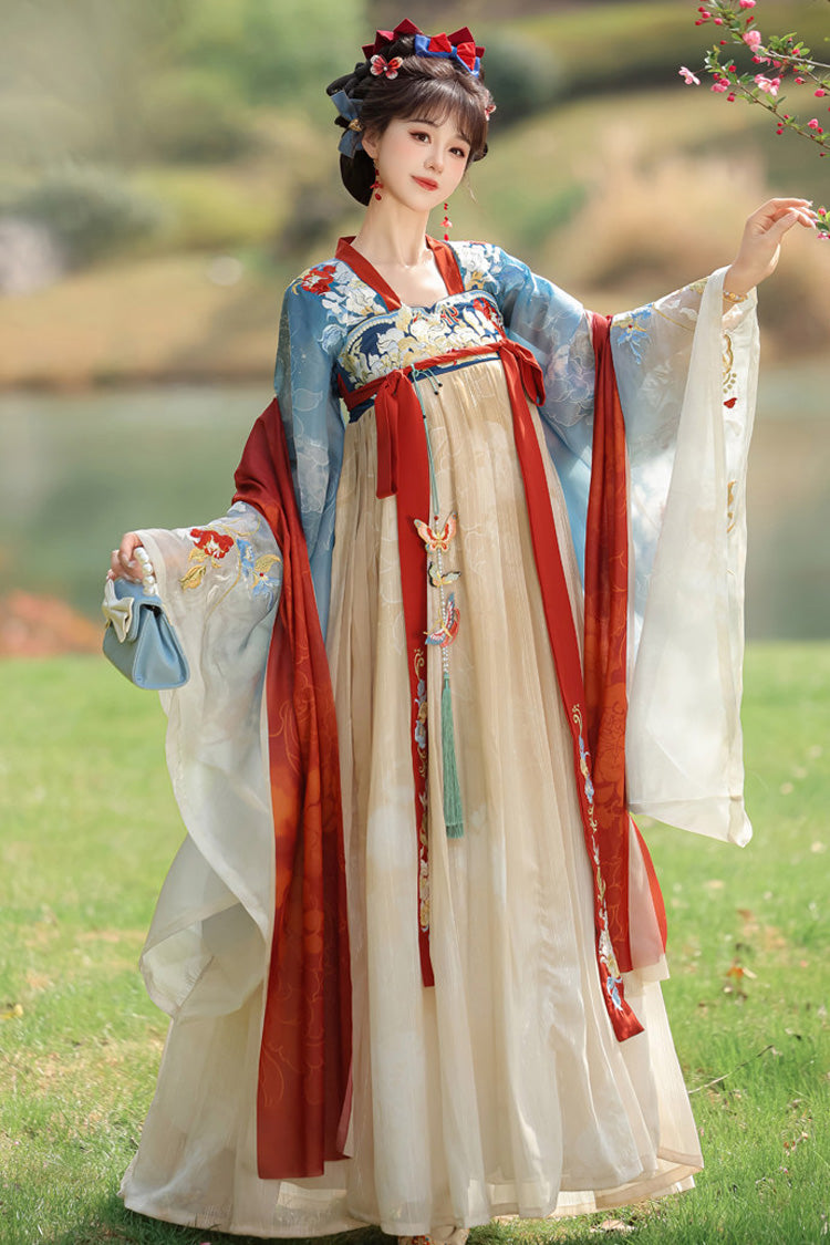 Rot/blaues, langärmeliges, hoch tailliertes, bedrucktes, besticktes Perlendetail, klassisches, luxuriöses königliches Hanfu-Set für Damen