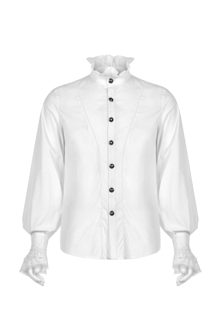 Weiße schmale Gothic-Bluse mit Stehkragen und Laternenärmeln für Herren