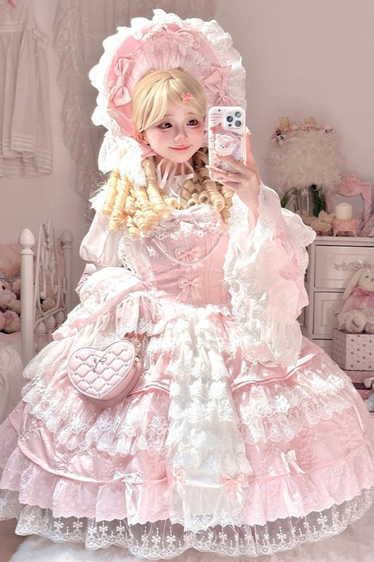 Pink [Ten Miles of Peach Blossoms] Sleeveless Multi-Layered Ruffle Embroidery Cardigan Bowknot Lace Pearl Sweet Gorgeous Lolita Jsk Dress