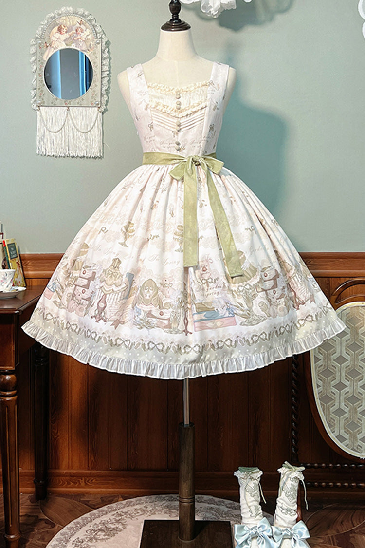 [Iris Study] V-Kragen Ärmellos Print Schleife Spitze Süßes Lolita Pullover Kleid 2 Farben