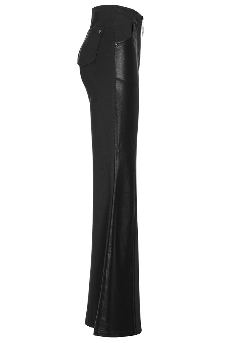 Black Stretch-Knit Paneled Faux Leather Waistband Ghost Button Flared Women's Punk Pants