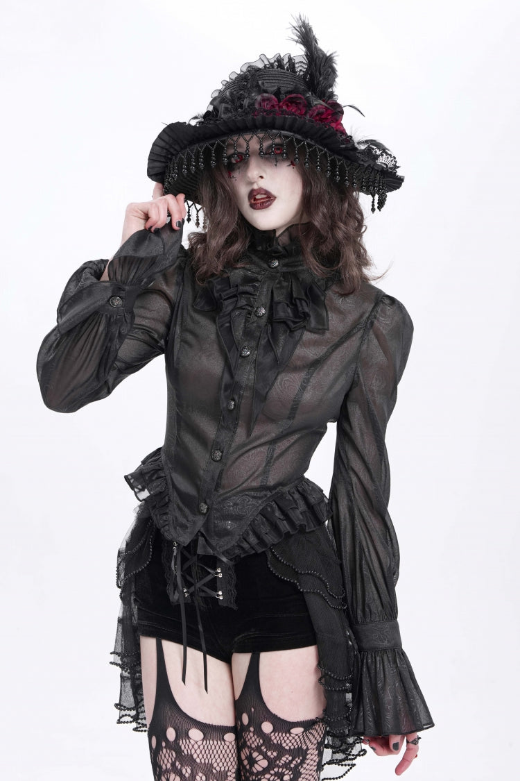 Black Stand Collar Ruffle Sheer Women's Swallow-tailed Gothic Blouse