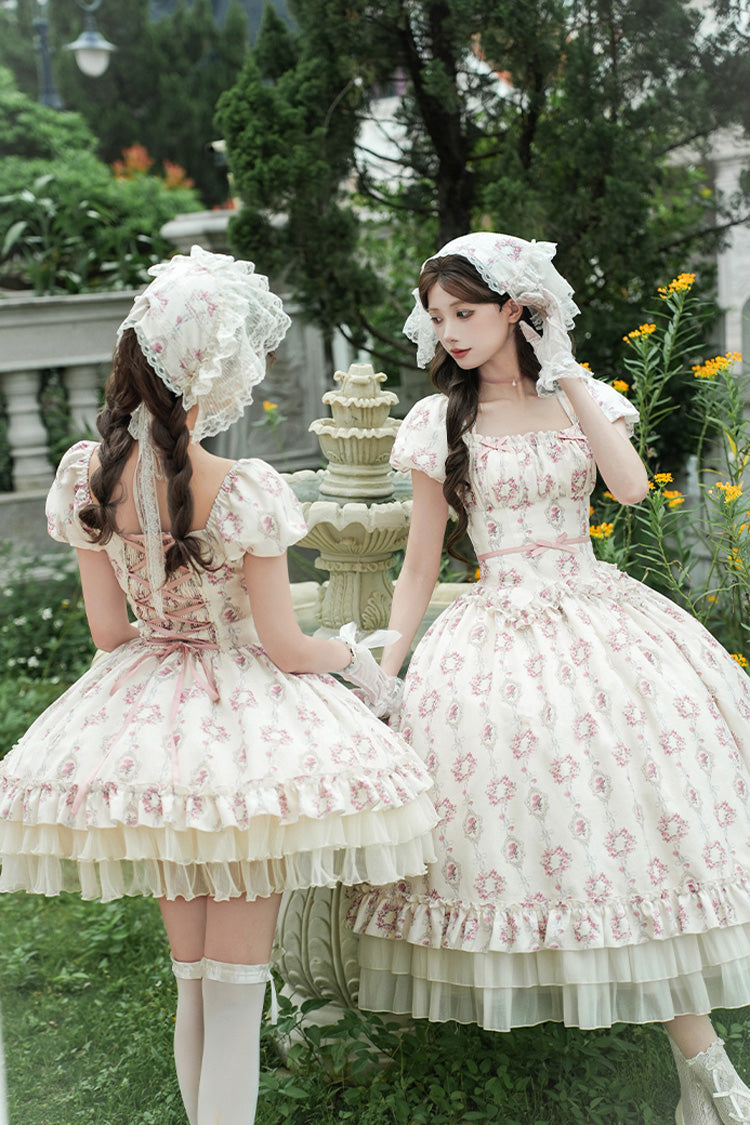 Robe longue Sweet Lolita en ivoire [Rose après la pluie] à manches courtes, à volants à trois couches, avec nœud papillon et lacets 