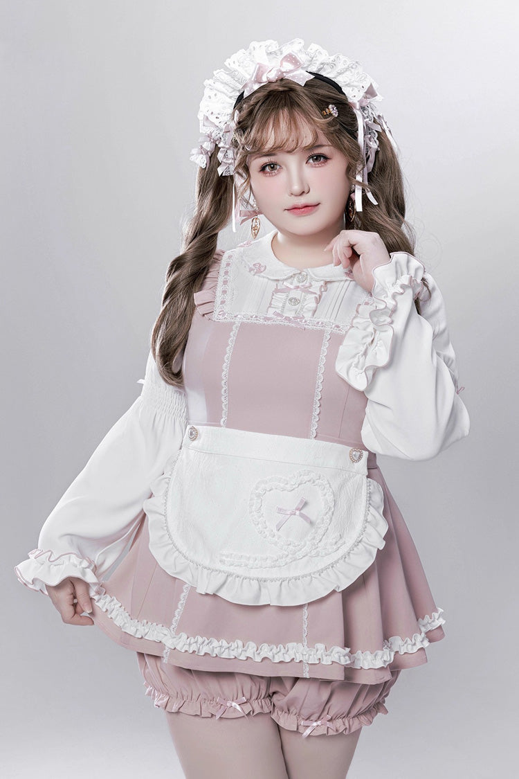 Pink/White [Showcase Doll] Japanese Maid-Style Long Sleeves Ruffle Bowknot Jirai Kei Japanese Dress Shorts Set with Detachable Apron