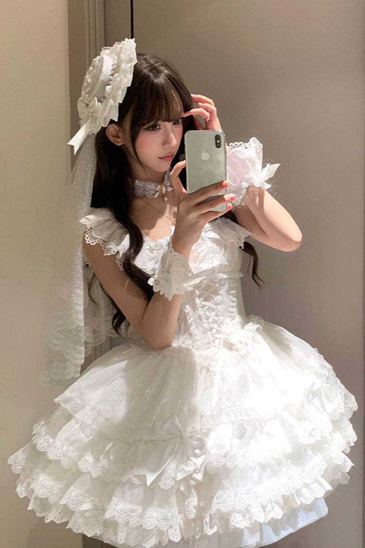 Robe Lolita Jsk de ballet douce avec nœud papillon à volants à double couche en dentelle à lacets [Flory Butterfly] blanche 