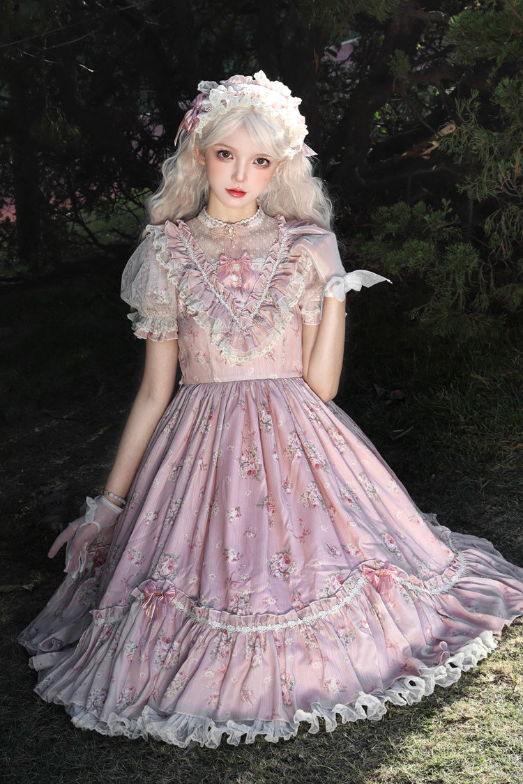 [Daydream Rose] Kurzärmliges Kleid mit Blumen-Jacquard-Print, Rüschenstickerei, Schleifenknoten, Sweet Lolita, in 3 Farben 
