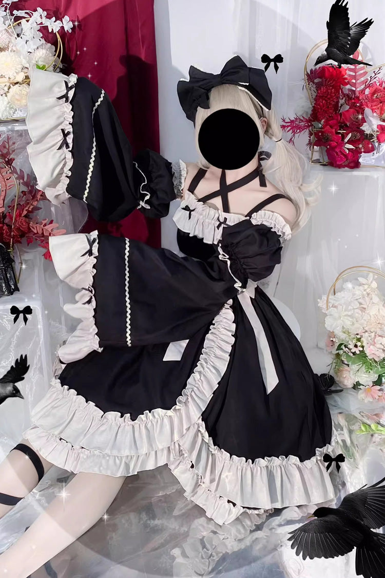 Black [Monet Estate] Sleeveless High Waisted Ruffle Bowknot Asymmetric Gothic Lolita Jsk Dress