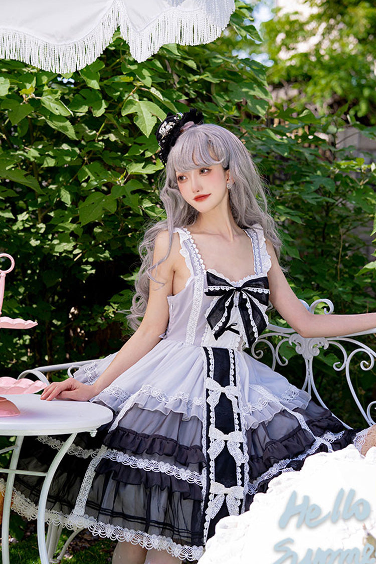 White/Black Multi-layer Ruffle Bowknot The Covenant of Summer Isle Gothic Princess Lolita Jsk Dress