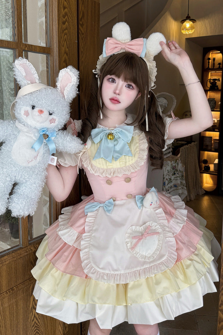 Yellow/Pink [Cream Puffs] Short Puff Sleeves Triple-Layered Ruffle Bowknot Sweet Lolita Dress