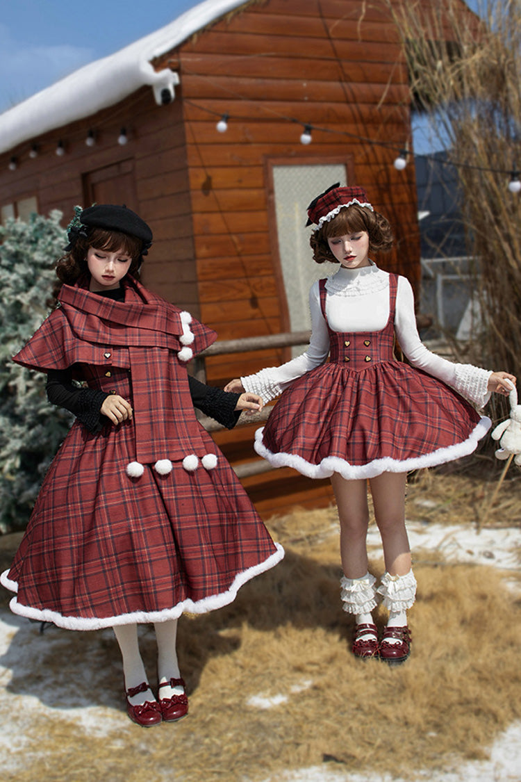 Red Striped Plaid Print Fall Winter Fishbone Sweet Corset Lolita Dress 2 Versions