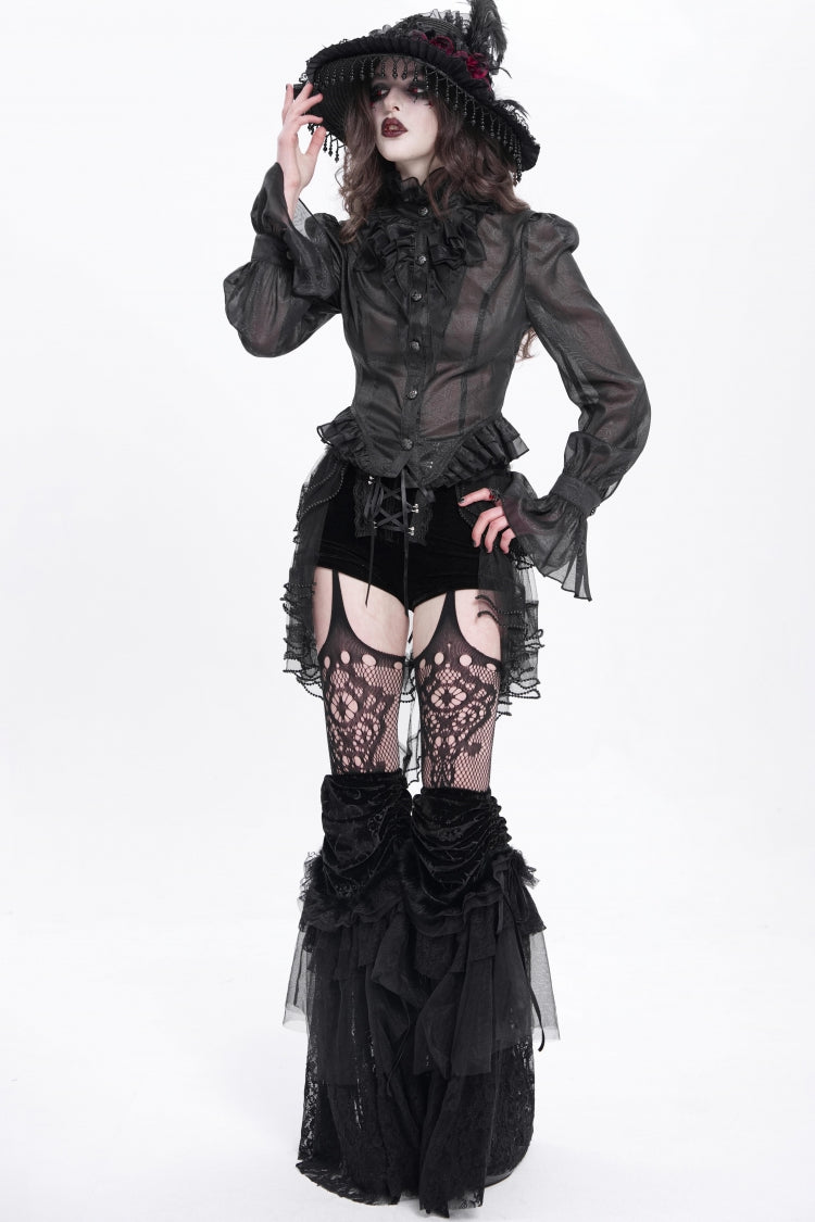 Black Stand Collar Ruffle Sheer Women's Swallow-tailed Gothic Blouse