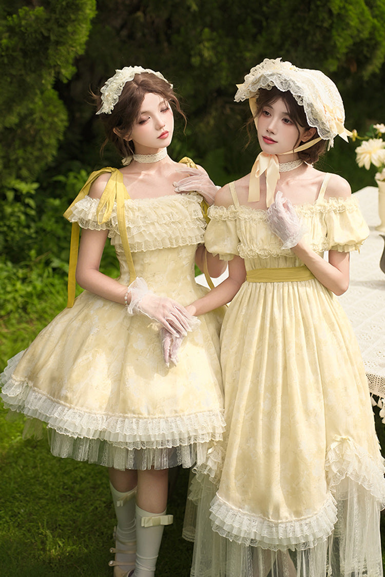 Yellow [Falling Flowers as a Message] Square Collar Flying Sleeves Print Ruffle Lace Sweet Elegant Lolita Short Dress