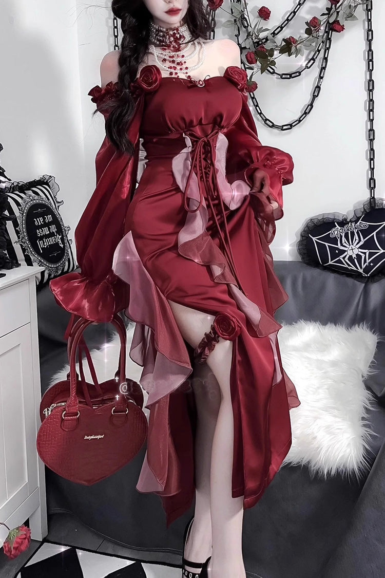 Red Rose Long Sleeves Bowknot Classic Elegant Lolita Strapless Dress