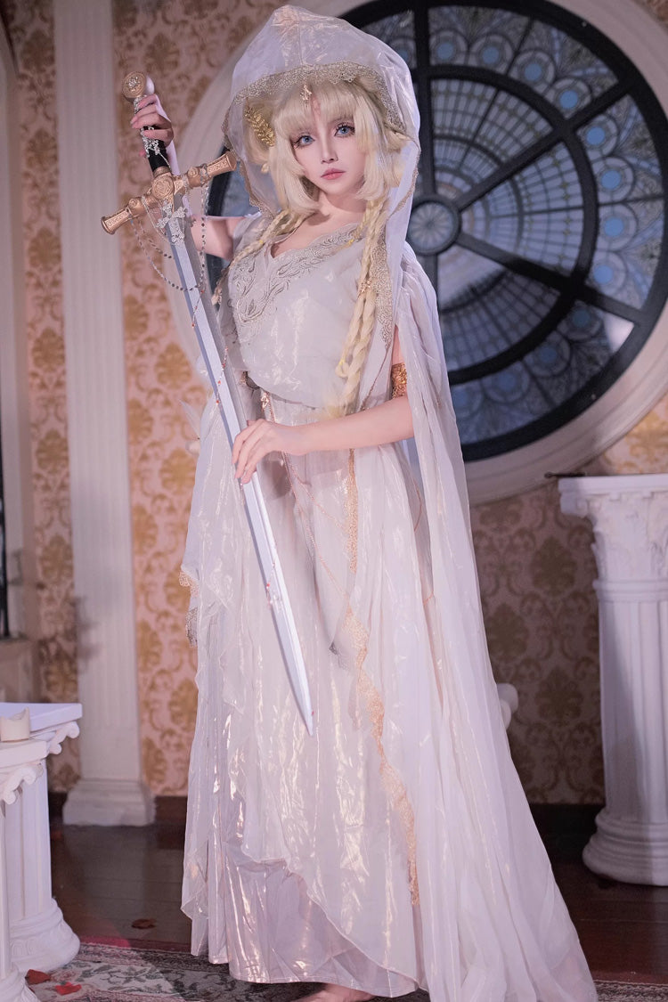 White [Angel of Judgment] Greek-Inspired V Collar Sleeveless Ruffled Embroidered Asymmetric Sweet Lolita Jsk Dress Set