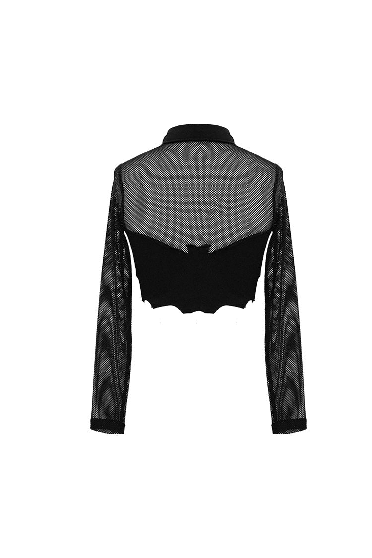 Black Bat Collar Splice Mesh Long Sleeve Chest Hasp Short Women's Punk T-Shirt