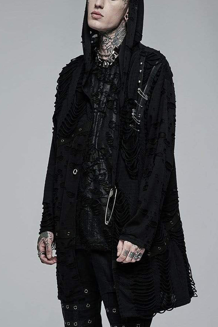 Black Ripped Hooded Metal Large Pins Mens Gothic Coat
