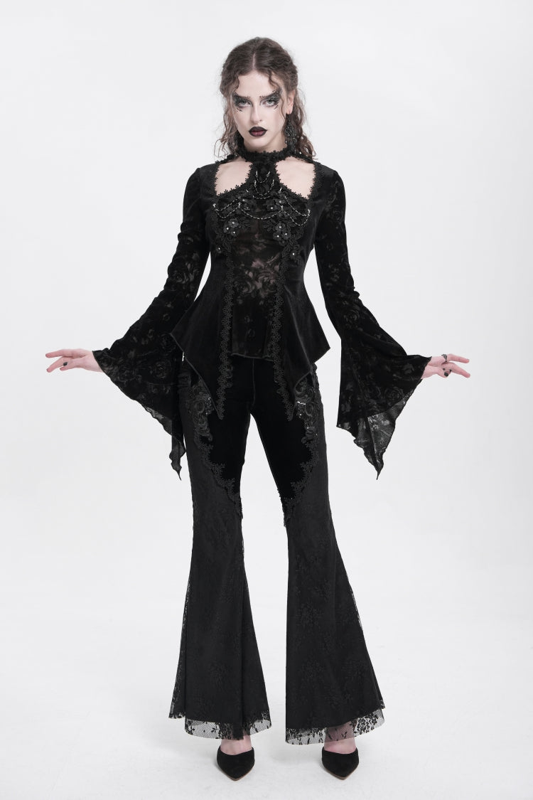 Black Halterneck Long Trumpet Sleeves Jacquard Embroidery Women's Gothic Blouse