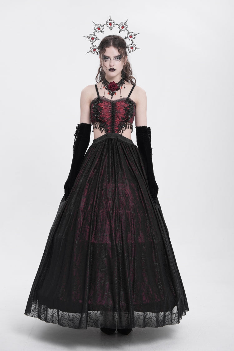 Rotes Jacquard-Kleid mit Blumenstickerei, zerrissene Gothic-Party-Unterkleid für Damen 