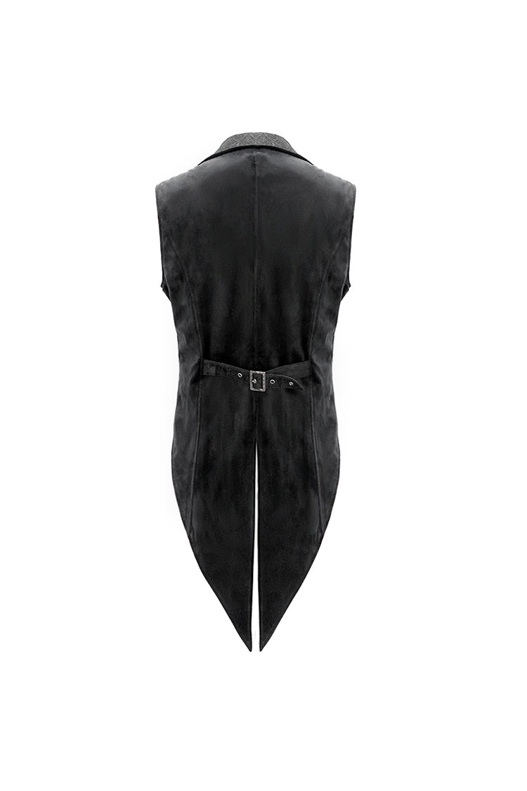 Black Fake Two Piece Leather Embroidered Swallow Tail Hem Men's Gothic Waistcoat