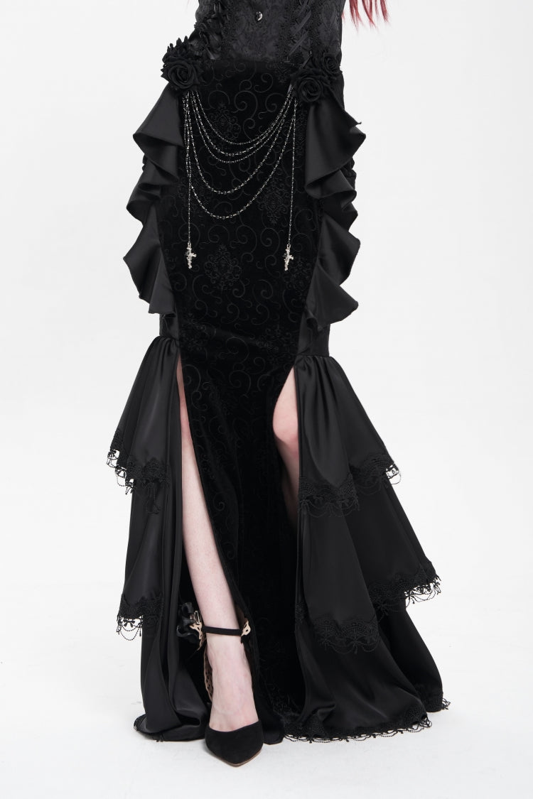 Black Floral Print Lace-Up Rose Chain Women's Gothic Fishtail Skirt